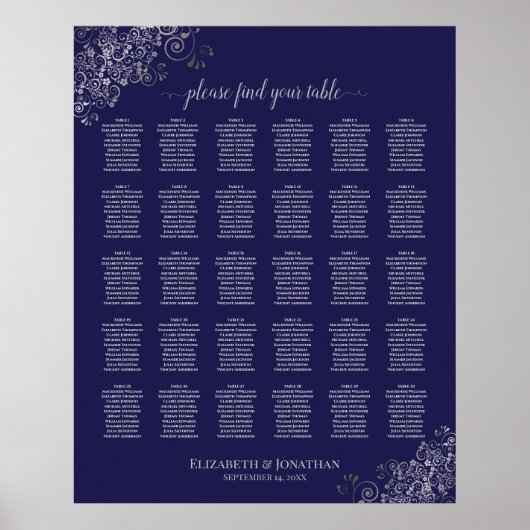 Silber auf Navy Blue 30 Table Wedding Seating Char Poster (Vorne)