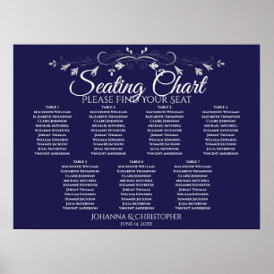Silber auf Navy Chic 7-Tisch-Hochzeits-Sitzplan Poster