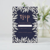Silber Blätter Botanisches Glam Blau Pink Reply UA RSVP Karte (Stehend Vorderseite)