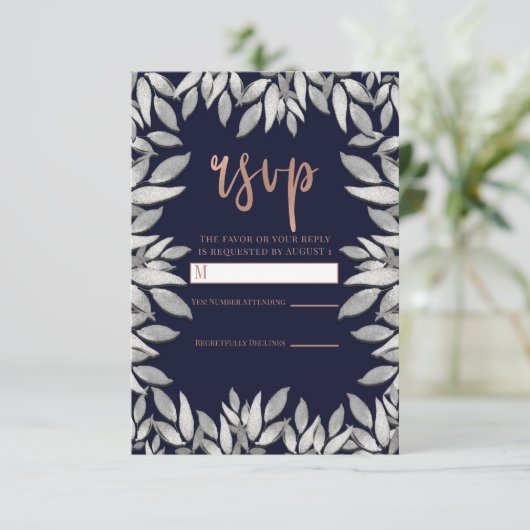Silber Blätter Botanisches Glam Blau Pink Reply UA RSVP Karte (Stehend Vorderseite)