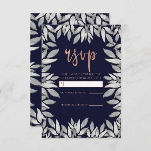 Silber Blätter Botanisches Glam Blau Pink Reply UA RSVP Karte (Vorne/Hinten)