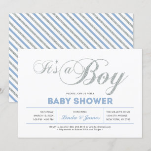 Silber, Blau   Moderne Typografie Jungen-Baby-Part Einladung