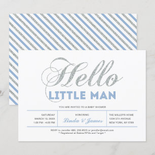 Silber, Blau   Moderne Typografie Jungen-Baby-Part Einladung