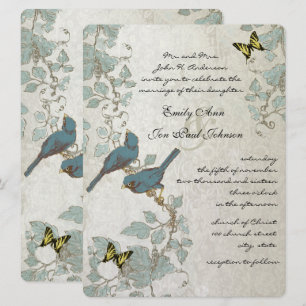 Silber Blaue Gelbe Schmetterlinge & Vögel Hochzeit Einladung