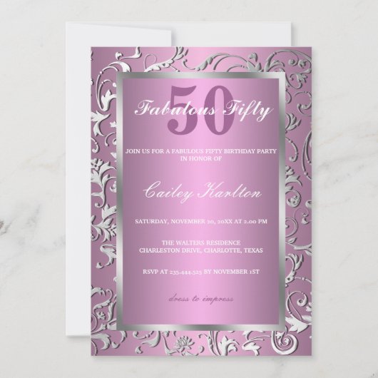 Silber blühen verziertes Muster-Rosa fabelhafte Einladung (Vorderseite)