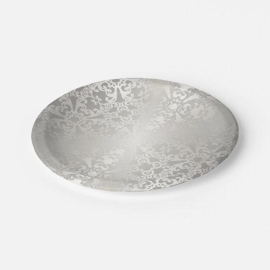 Silber, Blumen, Trellis, Damast, elegant, Muster, Pappteller (Schrägansicht)
