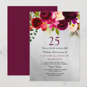 Silber & Burgund Floral 25. Hochzeitstag Einladung