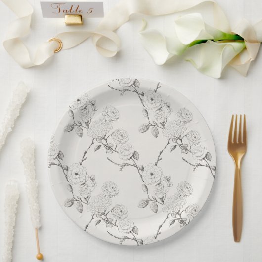 Silber Creme Schwarze Herbstblumen Hochzeit Pappteller (Hochzeit)