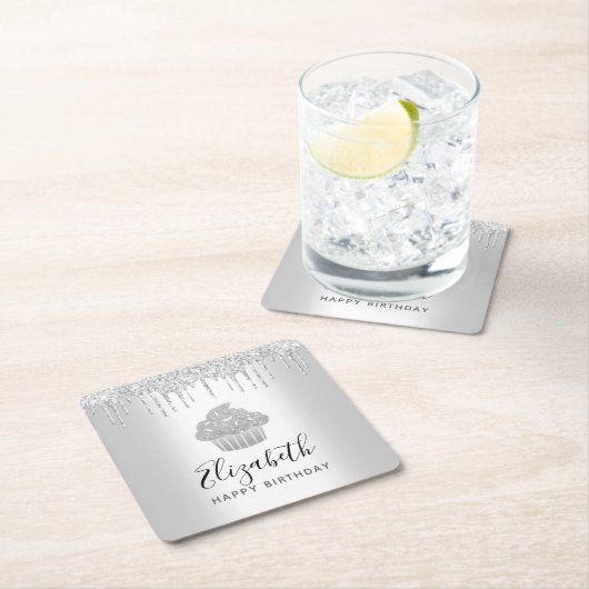 Silber cupcake Glitzer Tropfen Skriptname modern Rechteckiger Pappuntersetzer (Vor Ort)