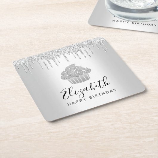 Silber cupcake Glitzer Tropfen Skriptname modern Rechteckiger Pappuntersetzer (angewinkelt)