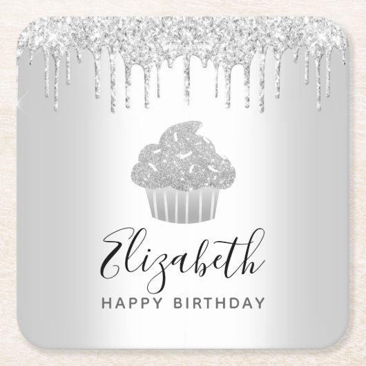 Silber cupcake Glitzer Tropfen Skriptname modern Rechteckiger Pappuntersetzer (Vorderseite)