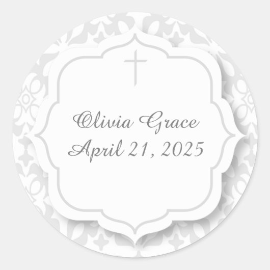 Silber Damask mit Tag und Kreuz Runder Aufkleber (Vorderseite)