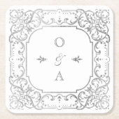 Silber elegantes verziertes Vintages Paar Monogram Rechteckiger Pappuntersetzer (Vorderseite)