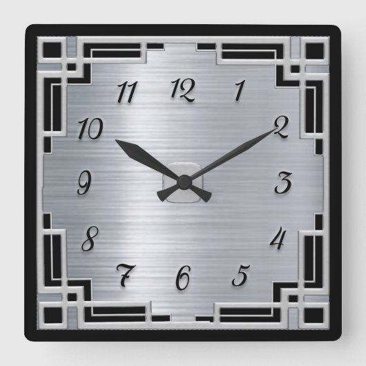 Silber-Farbe und Schwarz-Art-Deco-Rahmen-Uhr Quadratische Wanduhr (Vorderseite)