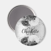 Silber florale elegante Monogramm-Bezeichnung Magnet (Vorderseite/Rückseite)