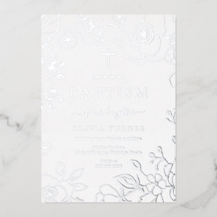 Silber Foil Floral Boy or Girl Taufe Silber Folieneinladung