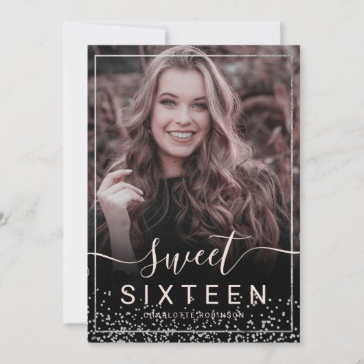 Silber Folie Rahmen Konfetti Pink 5 Foto süß 16 Einladung (Vorderseite)