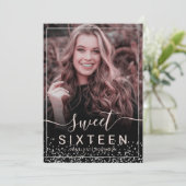 Silber Folie Rahmen Konfetti Pink 5 Foto süß 16 Einladung (Stehend Vorderseite)