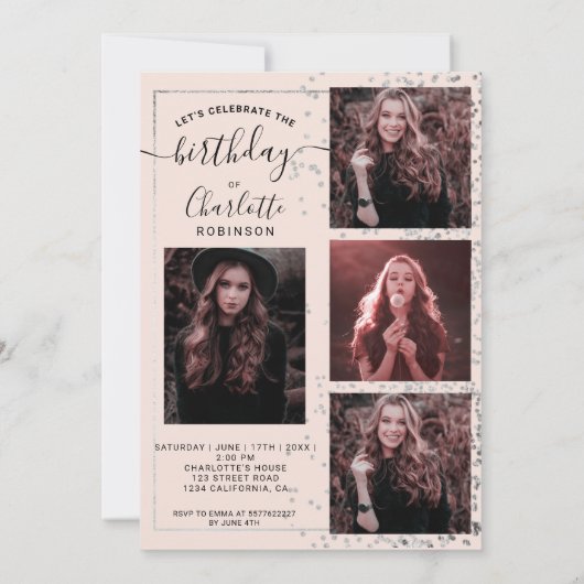 Silber Folie Rahmen Konfetti Pink 5 Foto süß 16 Einladung (Rückseite)