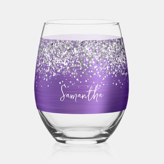 Silber Glitter Amethyst Glam Name Weinglas Ohne Stiel (Vorderseite)