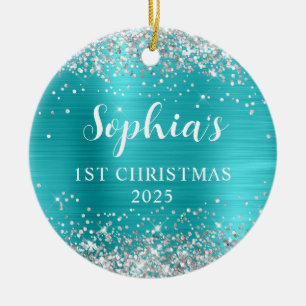 Silber Glitter Aqua Blau Folie 1. Weihnachten Foto Keramik Ornament