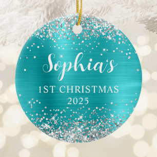 Silber Glitter Aqua Blau Folie 1. Weihnachten Foto Keramik Ornament