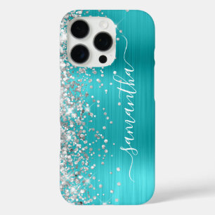Silber Glitter Aqua Blau Metallic Girly Unterschri iPhone 16 Pro Hülle
