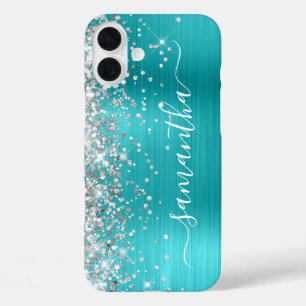 Silber Glitter Aqua Blau Metallic Mädchenhaft Sign iPhone 16 Plus Hülle