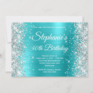 Silber Glitter Aqua Blau Monogramm 40. Geburtstag Einladung