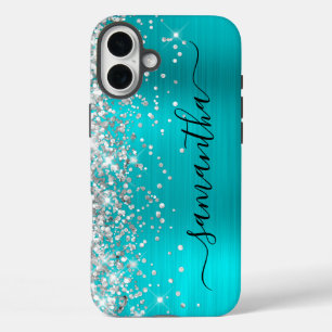 Silber Glitter Aqua Metallic Weiblich Schwarze Sig iPhone 16 Plus Hülle