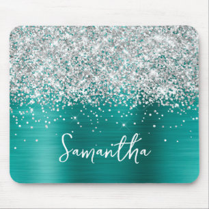 Silber Glitter Aqua Teal Glam Name Mousepad