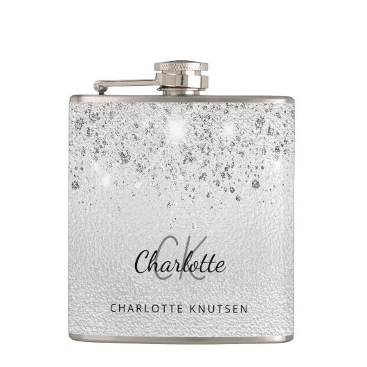 Silber-Glitter-Besten-Freundinnen-Monogramm Flachmann (Vorderseite)
