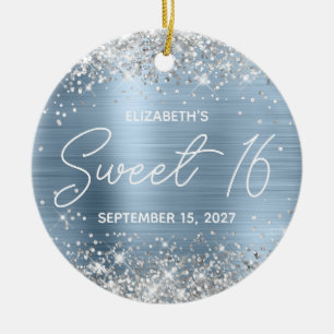 Silber Glitter Blass Blau Fancy Sweet 16 Foto Keramik Ornament