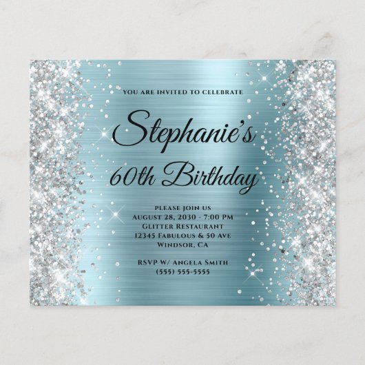Silber Glitter Blass Blau Folie 60. Geburtstag Flyer (Vorne)