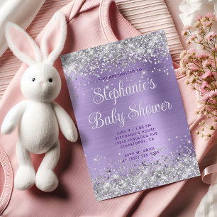 Silber Glitter Blasslila Babyparty Einladung