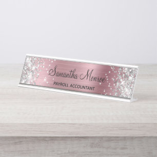 Silber Glitter Blassrosa Folie Schreibtischnamensplakette