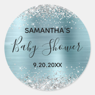 Silber Glitter Blau Folie Baby Shower Runder Aufkleber
