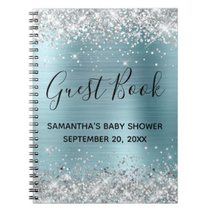 Silber Glitter Blau Folie Babyparty-Gästebuch Notizblock