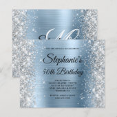 Silber Glitter Blau Folie Monogramm 50. Geburtstag (Vorne/Hinten)