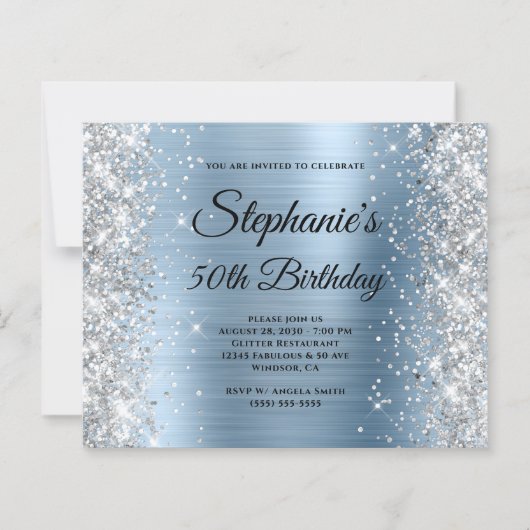 Silber Glitter Blau Folie Monogramm 50. Geburtstag (Vorderseite)