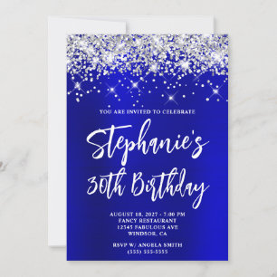 Silber Glitter Blau Satin Bold 30. Geburtstag Einladung