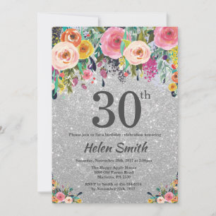 Silber-Glitter-Blumen-Einladung zum 30. Geburtstag Einladung