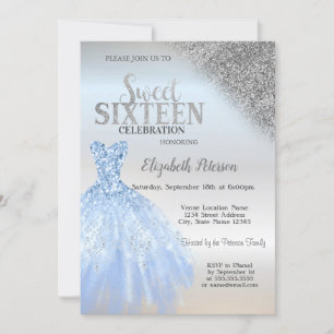 Silber-Glitter-Bokeh, blaues Kleid Silber Sweet 16 Einladung