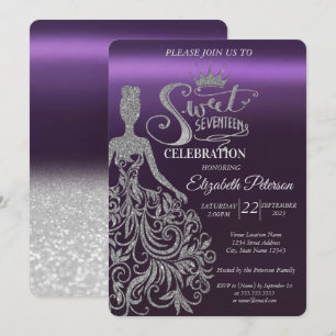 Silber Glitter Bokeh,Kleid,Tiara,Lila Sweet 17 Einladung
