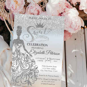 Silber Glitter Bokeh Ombre, Kleid, Tiara, Sweet 17 Einladung