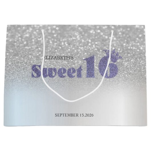 Silber Glitter Bokeh Sweet 16 Krone Große Geschenktüte (Vorderseite)