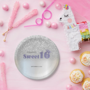 Silber Glitter Bokeh Sweet 16 Krone Pappteller