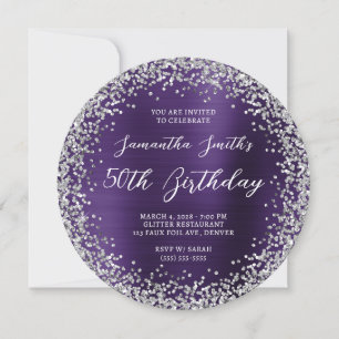 Silber Glitter Dunkelviolett Folie 50. Geburtstag Einladung