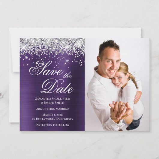 Silber Glitter Dunkelviolette Folien Foto Save The Date (Vorderseite)