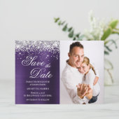 Silber Glitter Dunkelviolette Folien Foto Save The Date (Stehend Vorderseite)